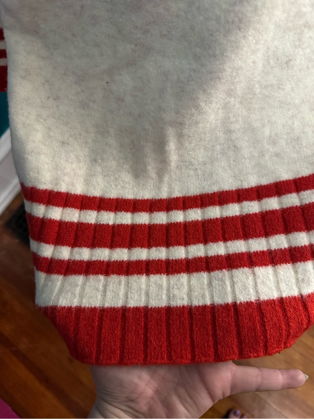 Lulu's Cream V-Neck Sweater Dress with Red Trim - Picture 6 of 8